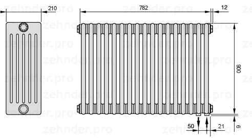 Схема (чертеж) Радиатор Zehnder Charleston 6090/17 №5510 Белый глянцевый RAL 9016